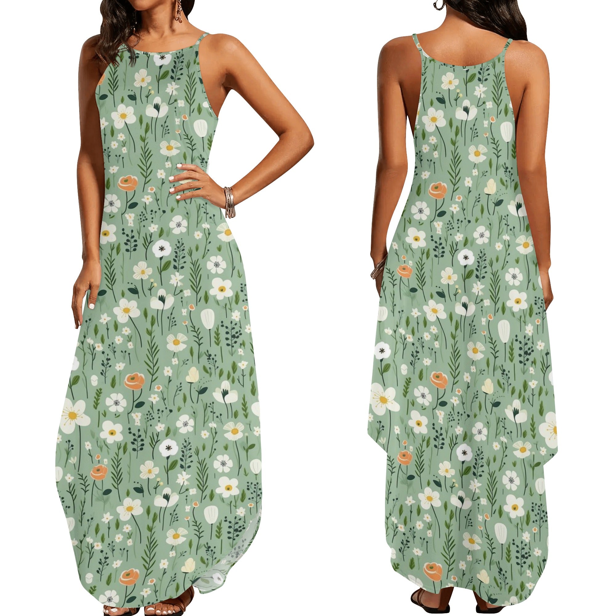 Green floral linen dress | deals 90s y2k vintage dogwood blossom floral sage green beige long sleeveless maxi dress