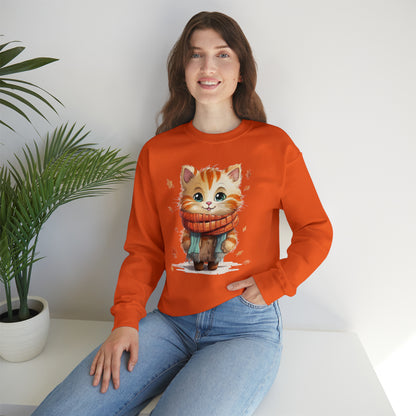 Cat Scarf Sweatshirt, Kitten Fall Autumn Leaves Graphic Crewneck Fleece Cotton Sweater Jumper Pullover Men Women Adult Aesthetic Top Starcove Fashion