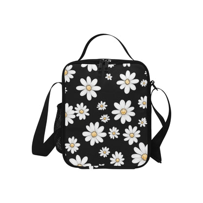 Daisy Insulated Kids Lunch Tote Box Bag, Floral Flowers White Black Cute Food Container Children Teens Black School Work Handbag Boys Girls