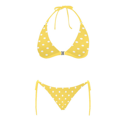 Yellow Polka Dots High Waisted Bikini Set, Women Front Buckle Bottom Bathing Suit Triangle Padded Top Halter Plus Size Swimsuit Swimwear