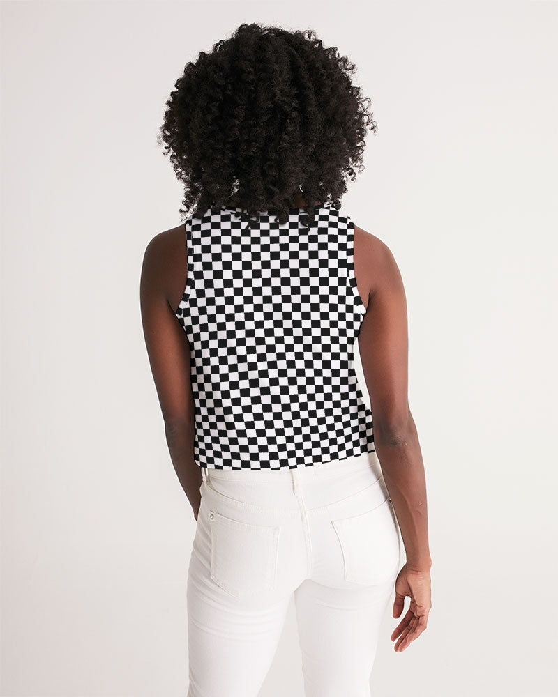 Black White Checkered Women Crop Tank Top, Racing Checks Y2k 90s Festival Cropped Yoga Workout Sexy Summer Sleeveless Designer Female Shirt