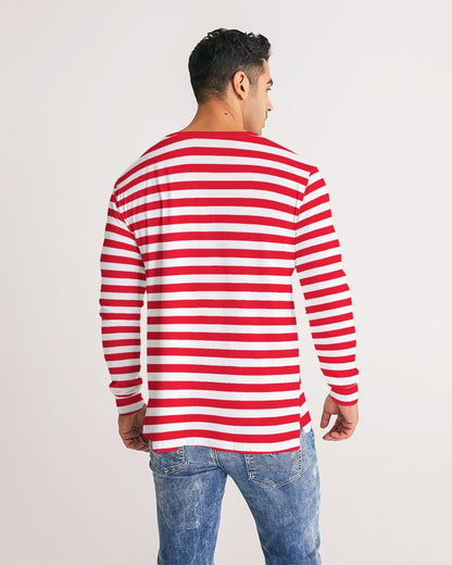 Red And White Striped Men Long Sleeve Tshirt, Thin Horizontal Stripes Unisex Women Designer Guys Graphic Printed Crew Neck Tee Shirt