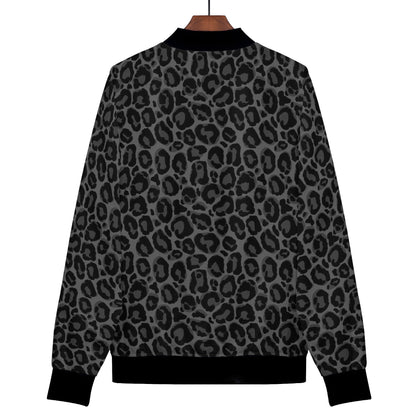 Black Grey Leopard Women Bomber Jacket, Animal Cheetah Print Zip Up Winter Vintage Varsity Warm Designer Coat Outfit Plus Size Ladies