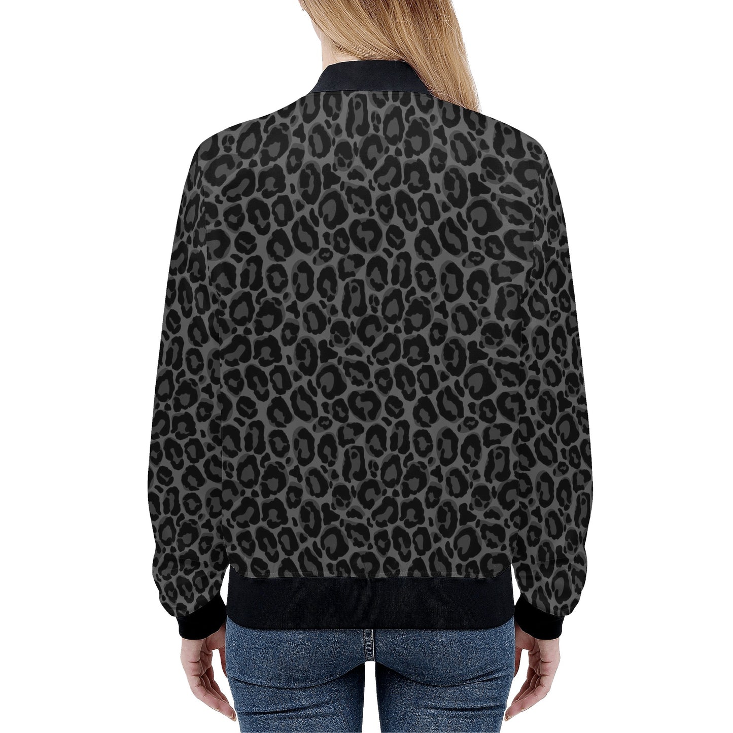 Black Grey Leopard Women Bomber Jacket, Animal Cheetah Print Zip Up Winter Vintage Varsity Warm Designer Coat Outfit Plus Size Ladies