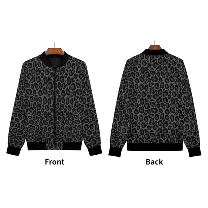 Black Grey Leopard Women Bomber Jacket, Animal Cheetah Print Zip Up Winter Vintage Varsity Warm Designer Coat Outfit Plus Size Ladies