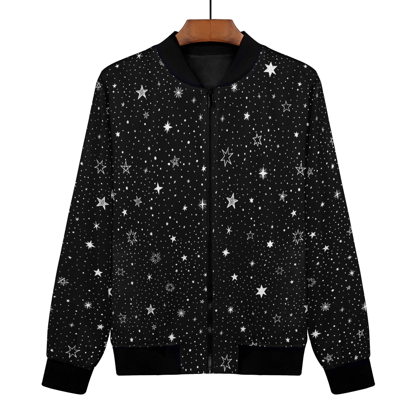 Stars Women Bomber Jacket, Black White Space Galaxy Zip Up Streetwear Winter Vintage Varsity Warm Designer Coat Outfit Plus Size Ladies