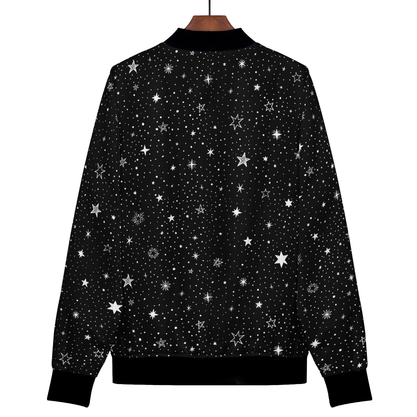 Stars Women Bomber Jacket, Black White Space Galaxy Zip Up Streetwear Winter Vintage Varsity Warm Designer Coat Outfit Plus Size Ladies