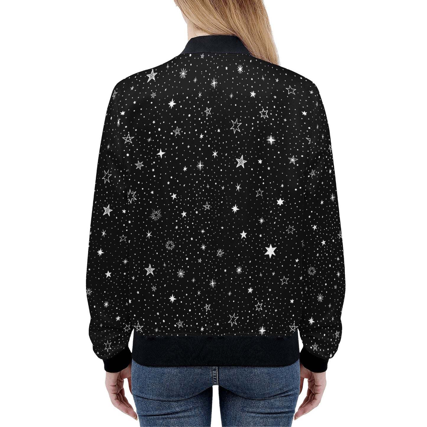 Stars Women Bomber Jacket, Black White Space Galaxy Zip Up Streetwear Winter Vintage Varsity Warm Designer Coat Outfit Plus Size Ladies