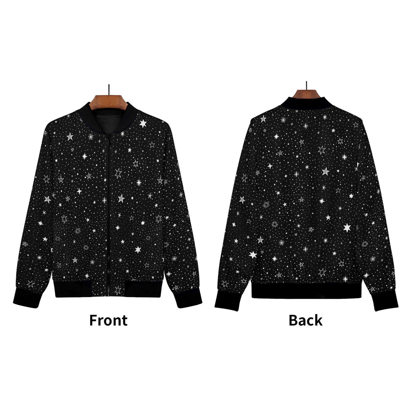 Stars Women Bomber Jacket, Black White Space Galaxy Zip Up Streetwear Winter Vintage Varsity Warm Designer Coat Outfit Plus Size Ladies