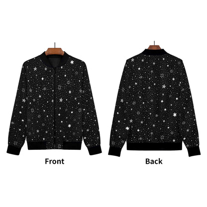 Stars Women Bomber Jacket, Black White Space Galaxy Zip Up Streetwear Winter Vintage Varsity Warm Designer Coat Outfit Plus Size Ladies