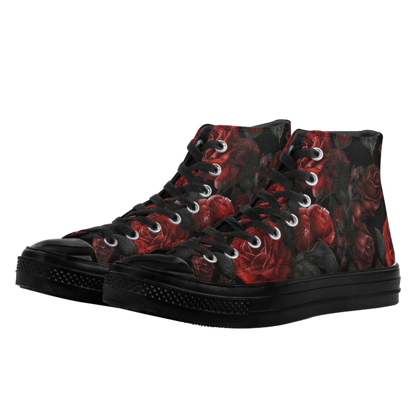 Red and Black Roses Women High Top Shoes, Gothic Flowers Floral Lace Up Sneakers Footwear Canvas Streetwear Ladies Girls Trainers Designer