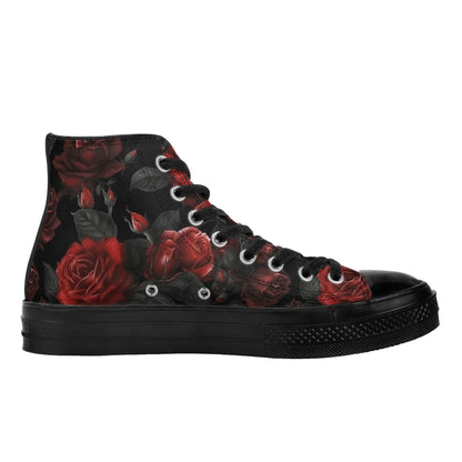 Red and Black Roses Women High Top Shoes, Gothic Flowers Floral Lace Up Sneakers Footwear Canvas Streetwear Ladies Girls Trainers Designer