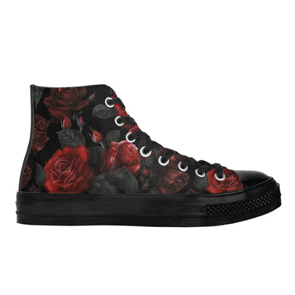 Red and Black Roses Women High Top Shoes, Gothic Flowers Floral Lace Up Sneakers Footwear Canvas Streetwear Ladies Girls Trainers Designer