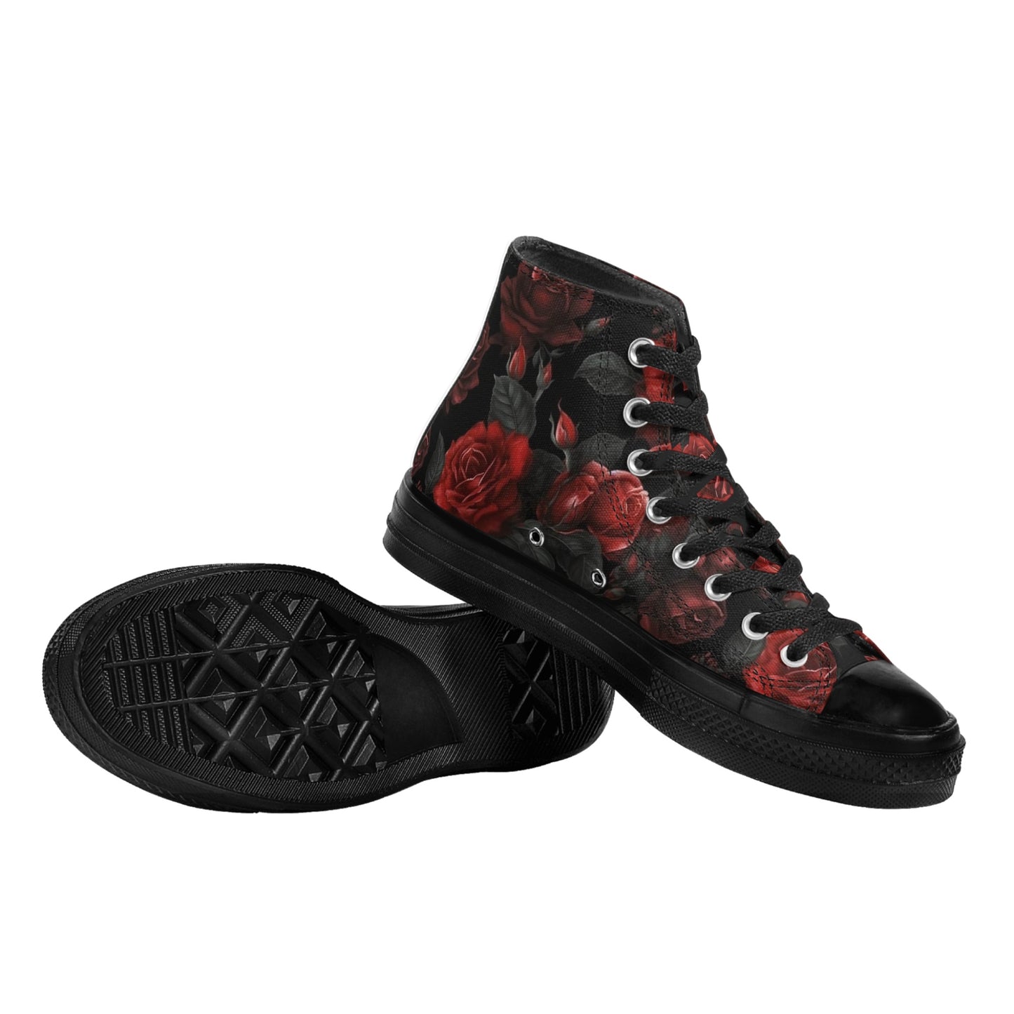 Red and Black Roses Women High Top Shoes, Gothic Flowers Floral Lace Up Sneakers Footwear Canvas Streetwear Ladies Girls Trainers Designer