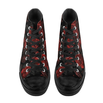 Red and Black Roses Women High Top Shoes, Gothic Flowers Floral Lace Up Sneakers Footwear Canvas Streetwear Ladies Girls Trainers Designer