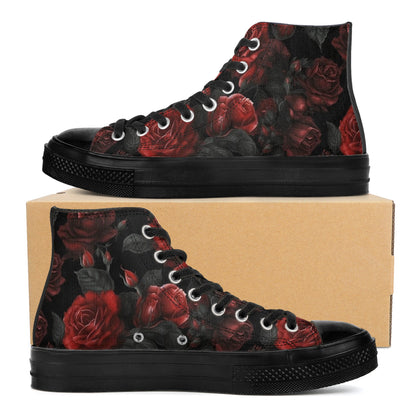 Red and Black Roses Women High Top Shoes, Gothic Flowers Floral Lace Up Sneakers Footwear Canvas Streetwear Ladies Girls Trainers Designer