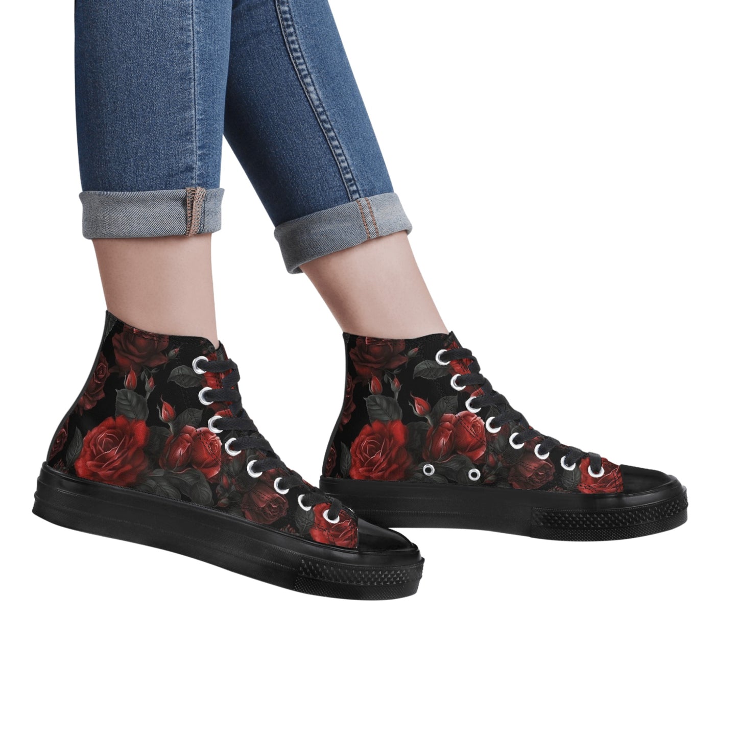 Red and Black Roses Women High Top Shoes, Gothic Flowers Floral Lace Up Sneakers Footwear Canvas Streetwear Ladies Girls Trainers Designer