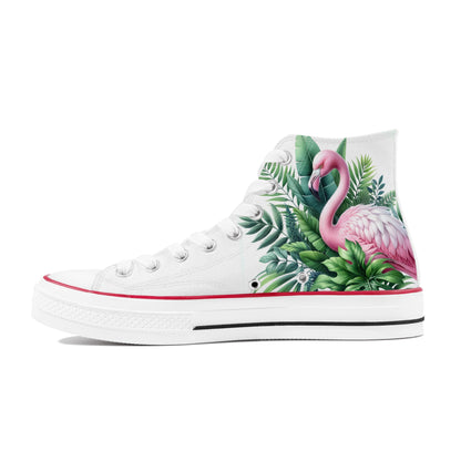 Pink Flamingo Women High Top Shoes, Tropical Lace Up Sneakers Footwear Canvas Streetwear Ladies Girls White Black Trainers Designer Gift