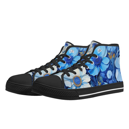 Blue Flowers Women High Top Shoes, Floral Lace Up Sneakers Footwear Canvas Streetwear Ladies Girls White Black Trainers Designer Gift