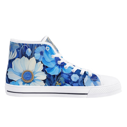 Blue Flowers Women High Top Shoes, Floral Lace Up Sneakers Footwear Canvas Streetwear Ladies Girls White Black Trainers Designer Gift