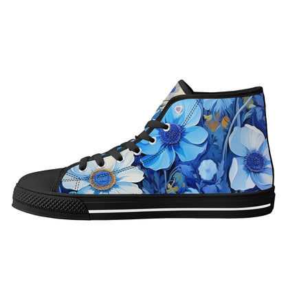 Blue Flowers Women High Top Shoes, Floral Lace Up Sneakers Footwear Canvas Streetwear Ladies Girls White Black Trainers Designer Gift