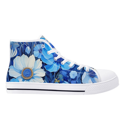 Blue Flowers Women High Top Shoes, Floral Lace Up Sneakers Footwear Canvas Streetwear Ladies Girls White Black Trainers Designer Gift