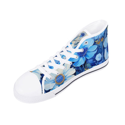 Blue Flowers Women High Top Shoes, Floral Lace Up Sneakers Footwear Canvas Streetwear Ladies Girls White Black Trainers Designer Gift