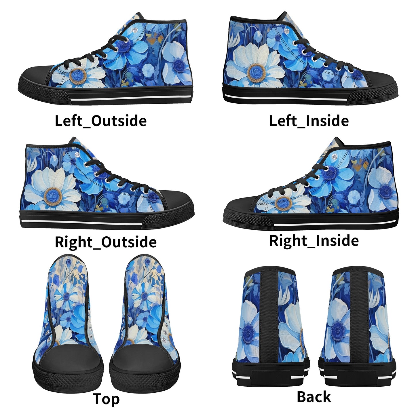 Blue Flowers Women High Top Shoes, Floral Lace Up Sneakers Footwear Canvas Streetwear Ladies Girls White Black Trainers Designer Gift