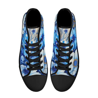 Blue Flowers Women High Top Shoes, Floral Lace Up Sneakers Footwear Canvas Streetwear Ladies Girls White Black Trainers Designer Gift