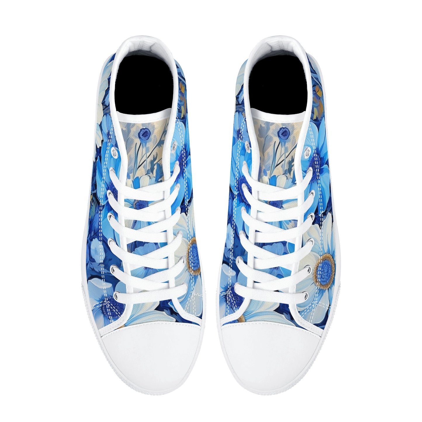 Blue Flowers Women High Top Shoes, Floral Lace Up Sneakers Footwear Canvas Streetwear Ladies Girls White Black Trainers Designer Gift