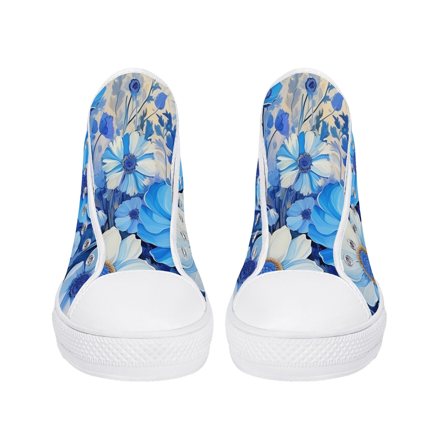 Blue Flowers Women High Top Shoes, Floral Lace Up Sneakers Footwear Canvas Streetwear Ladies Girls White Black Trainers Designer Gift