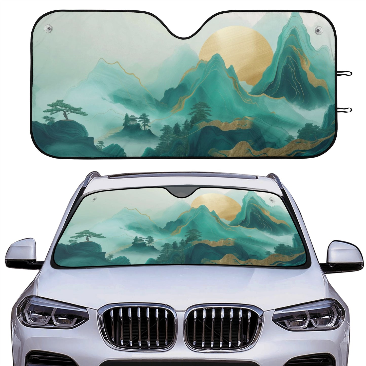 Chinese Mountain Car Sun Shade, Green Sun Gold Front Windshield Coverings Blocker Auto Protector Window Visor Screen Cover Shield SUV Truck