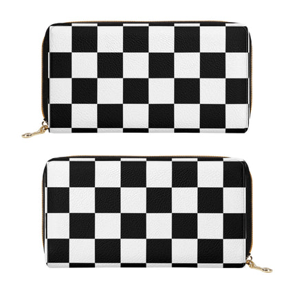 Checkered Leather Wallet Women, Black White Check Vegan Zipper Zip Around Coins Credit Cards Pocket Cash Ladies Pouch Slim Clutch Purse