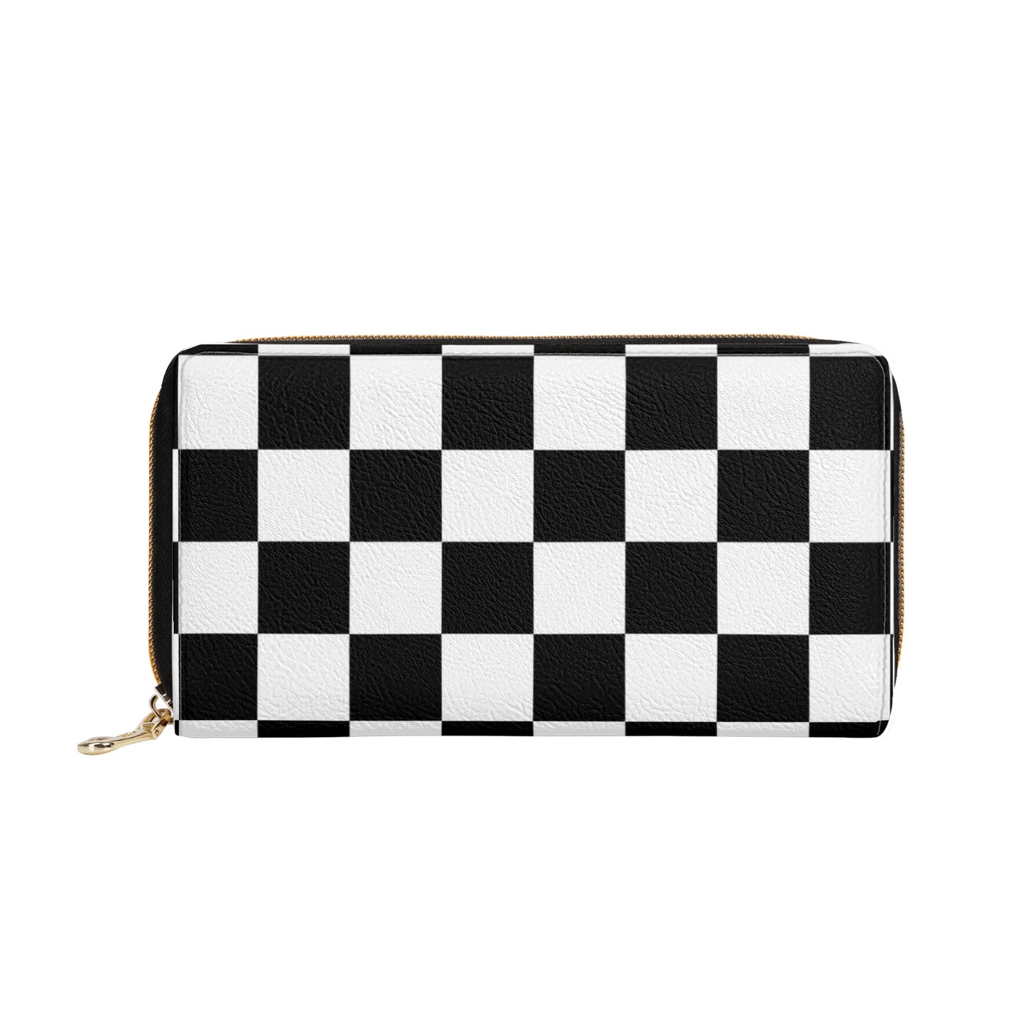 Checkered Leather Wallet Women, Black White Check Vegan Zipper Zip Around Coins Credit Cards Pocket Cash Ladies Pouch Slim Clutch Purse