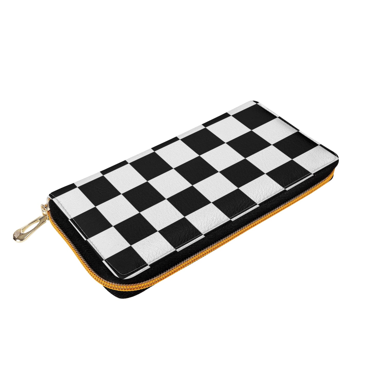 Checkered Leather Wallet Women, Black White Check Vegan Zipper Zip Around Coins Credit Cards Pocket Cash Ladies Pouch Slim Clutch Purse