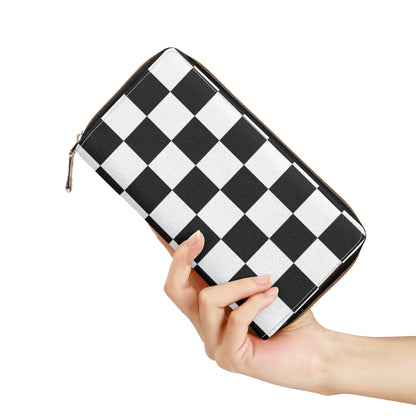 Checkered Leather Wallet Women, Black White Check Vegan Zipper Zip Around Coins Credit Cards Pocket Cash Ladies Pouch Slim Clutch Purse