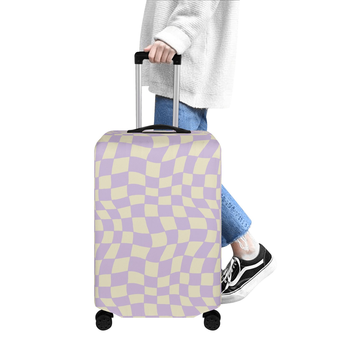 Checkered Purple Luggage Cover, Pastel Groovy Lilac Check Suitcase Protector Hard Carry On Bag Washable Wrap Large Small Travel Sleeve