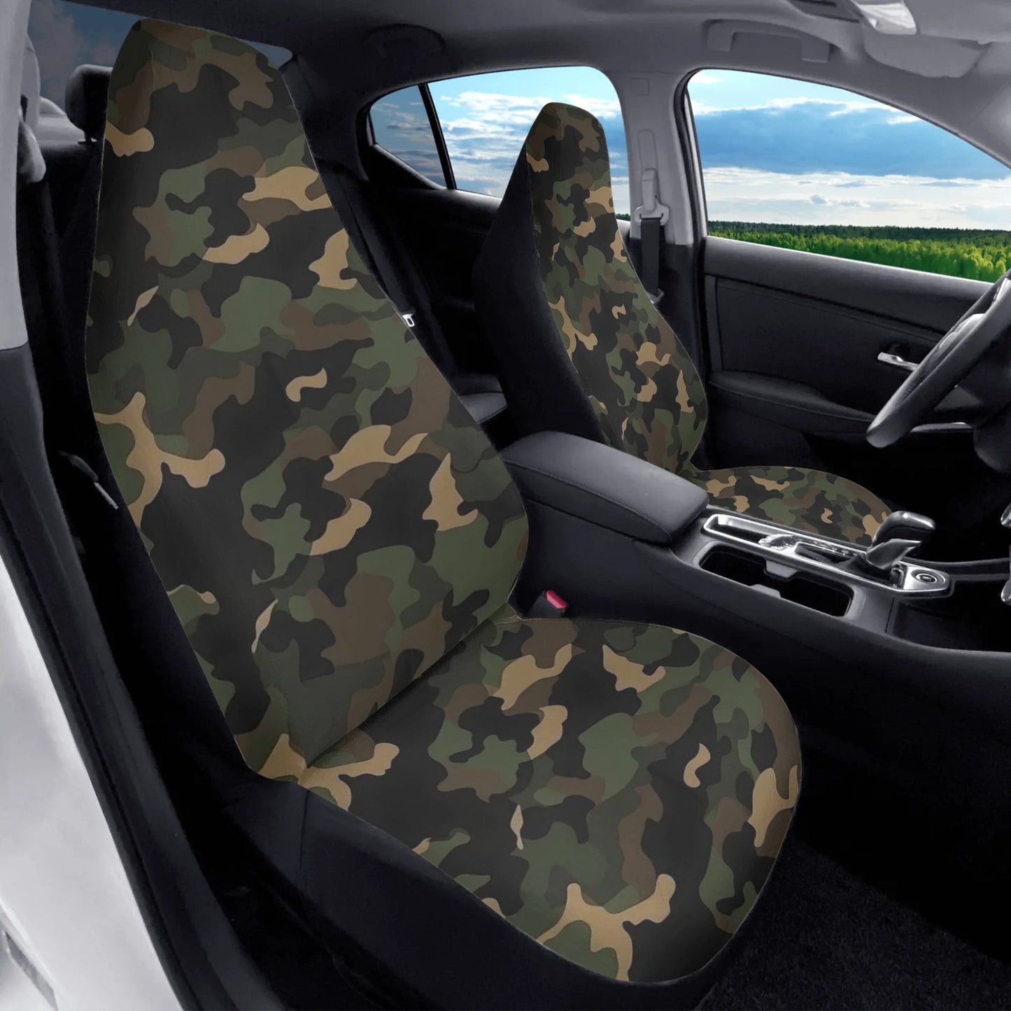 Camo Car Seat Covers (2 pcs), Green Black Camouflage Pattern Auto Front Dog Pet Vehicle SUV Universal Protector Accessory Men Women