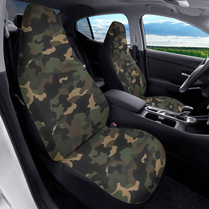 Camo Car Seat Covers (2 pcs), Green Black Camouflage Pattern Auto Front Dog Pet Vehicle SUV Universal Protector Accessory Men Women