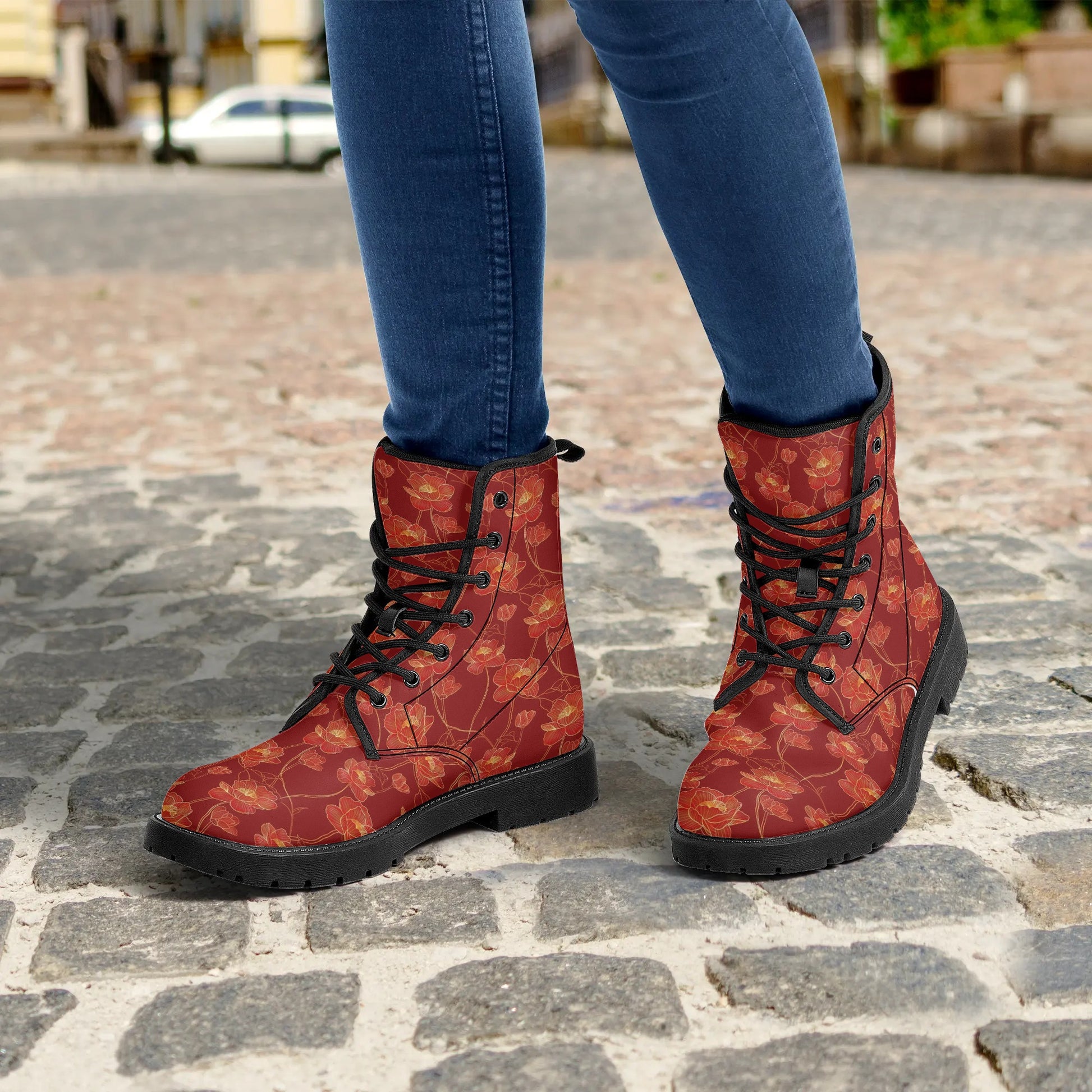 Red Floral Women Leather Combat Boots, Gold Flowers Asian Vegan Lace U –  Starcove Fashion