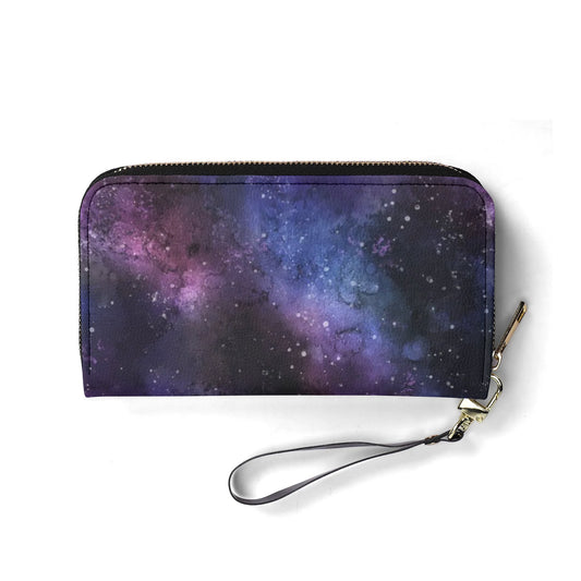 Galaxy Space Wristlet Leather Wallet Women, Stars Universe Vegan Zipper Zip Around Credit Cards Pocket Ladies Pouch Slim Strap Clutch Purse