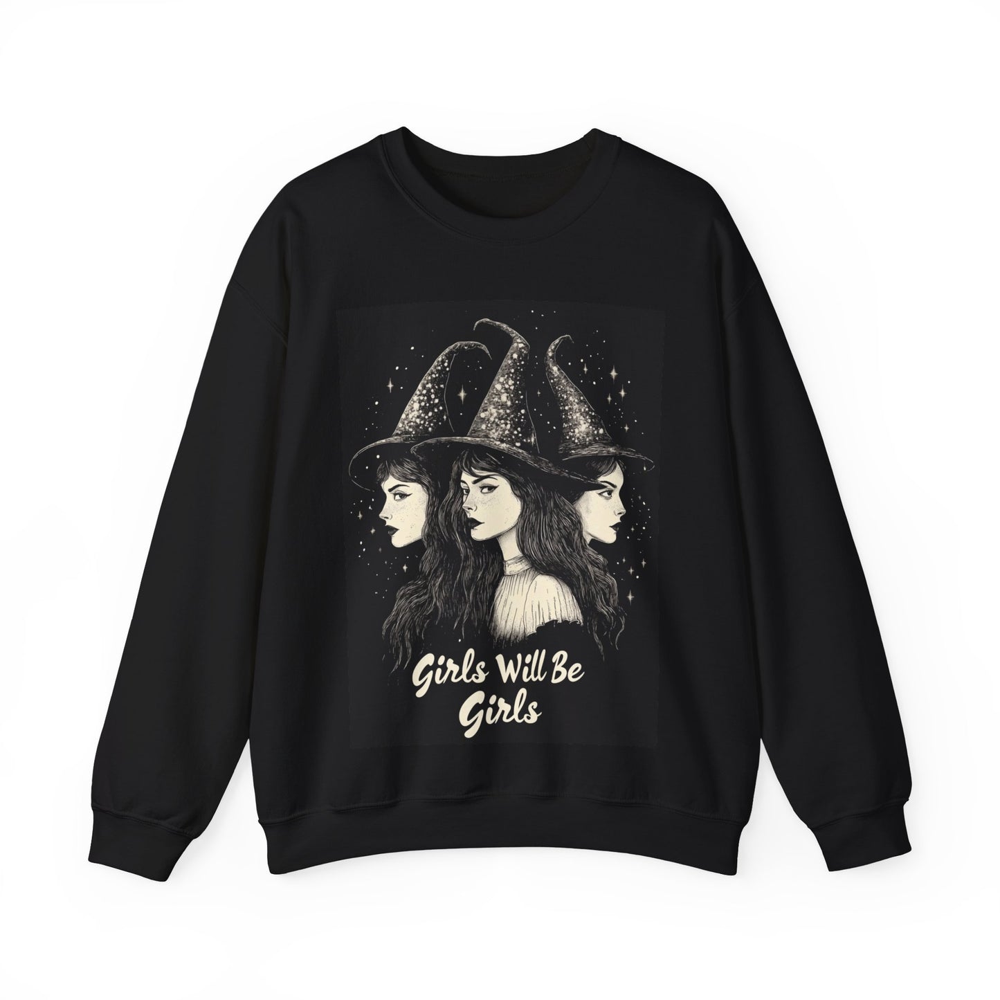 Witches Girls Will Be Girls Sweatshirt, Vintage Retro Halloween Feminist Graphic Crewneck Cotton Sweater Jumper Pullover Women Unisex Top