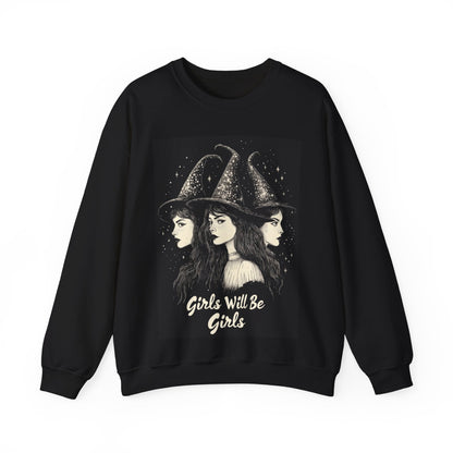 Witches Girls Will Be Girls Sweatshirt, Vintage Retro Halloween Feminist Graphic Crewneck Cotton Sweater Jumper Pullover Women Unisex Top