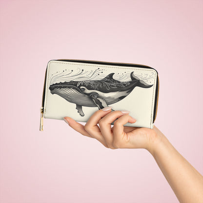 Whale Leather Wallet Women, Ocean Sea Coastal Cream Vegan Zipper Zip Around Coins Credit Cards Pocket Cash Ladies Pouch Slim Clutch Purse