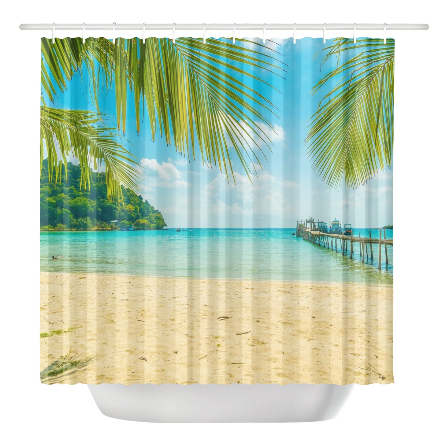 Beach Shower Curtain with Hooks Rings, Summer Sea Ocean Coastal Tropical Leaf Fabric Unique Bath Bathroom Decor Cool Unique Cloth