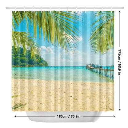 Beach Shower Curtain with Hooks Rings, Summer Sea Ocean Coastal Tropical Leaf Fabric Unique Bath Bathroom Decor Cool Unique Cloth