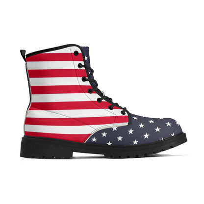 American Flag Men Leather Boots, Stars Stripes USA Red White Blue Patriotic America Lace Up Shoes Festival Black Ankle Combat Work Hiking