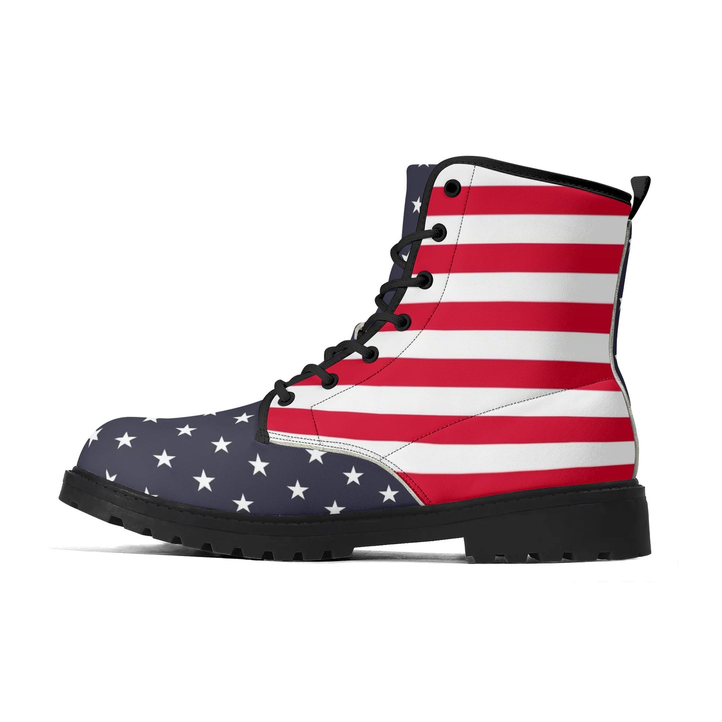 American Flag Men Leather Boots, Stars Stripes USA Red White Blue Patriotic America Lace Up Shoes Festival Black Ankle Combat Work Hiking