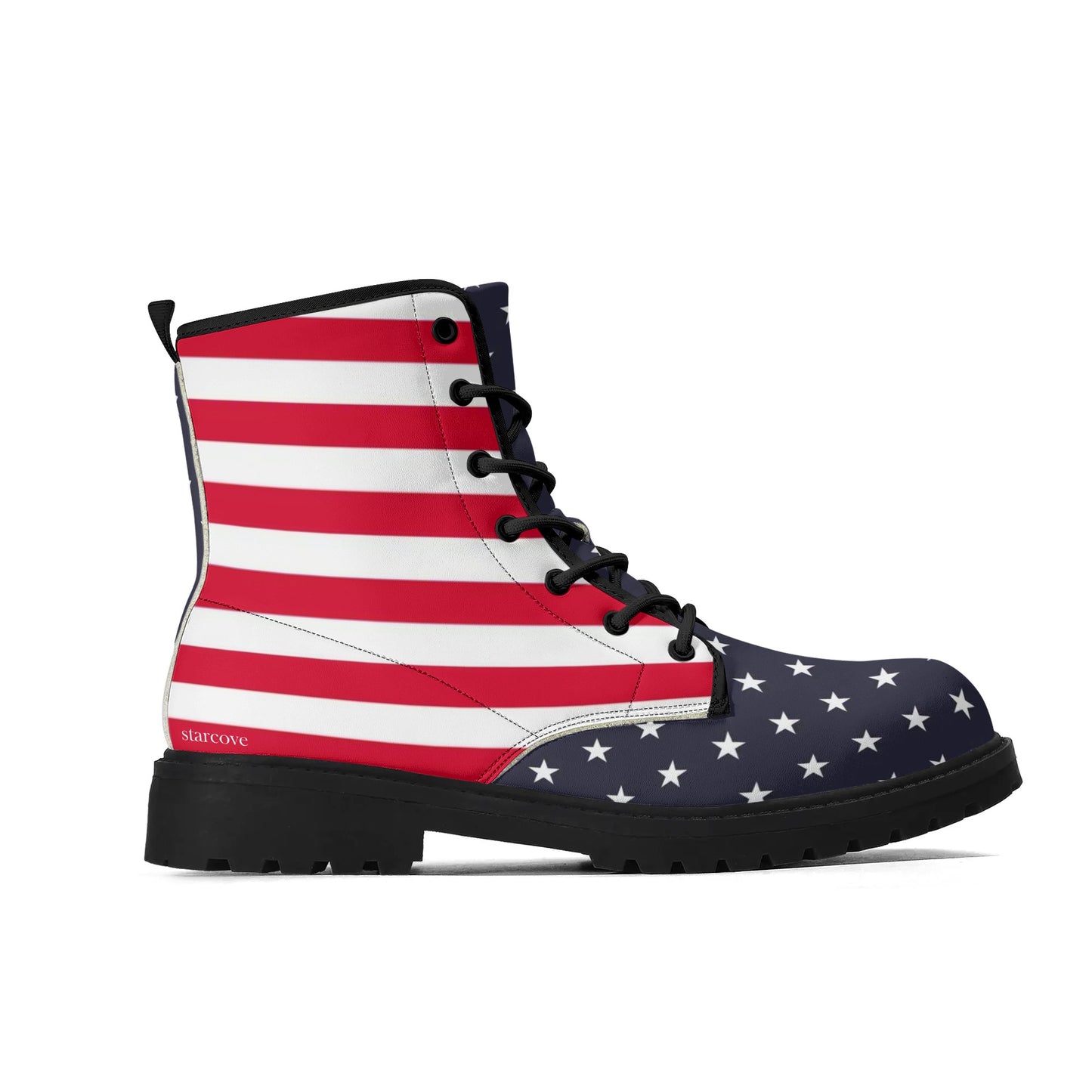 American Flag Men Leather Boots, Stars Stripes USA Red White Blue Patriotic America Lace Up Shoes Festival Black Ankle Combat Work Hiking