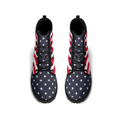 American Flag Men Leather Boots, Stars Stripes USA Red White Blue Patriotic America Lace Up Shoes Festival Black Ankle Combat Work Hiking